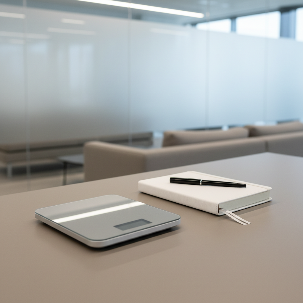 An organized desktop arrangement featuring a matte silver digital scale, a closed white leather-bound health journal, and a black glass pen, all meticulously spaced on an elegant taupe workspace. The background offers a glimpse of a frosted glass wall and soft, neutral seating, reinforcing a peaceful, corporate atmosphere. Diffused, cool daylight from overhead fixtures gently illuminates the objects, creating clean, consistent lighting with minimal shadows. The mood is focused and composed, promoting deliberate, informed choices in wellness. Photographed from an eye-level perspective with a balanced, rule-of-thirds composition for visual harmony, the image embodies a photographic, clean corporate style fitting a professional wellness platform.