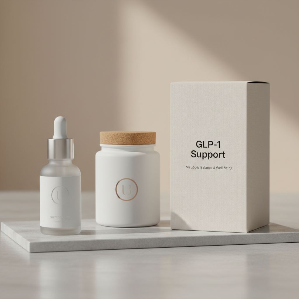 A collection of premium, minimalistic wellness product packaging, including a frosted glass dropper bottle, a matte white supplement jar, and a structured cardboard box labeled 'GLP-1 Support', arranged neatly on a slab of light grey polished stone. The background is softly blurred with understated warm beige tones, conveying luxury and transparency. Studio lighting creates controlled highlights and soft edge shadows, bringing out intricate textures and subtle branding. The mood is aspirational yet trustworthy, aligning with the emerging, informative tone of curated health resources. Captured from a slightly angled, close-up perspective, the clean lines and structured balance reinforce a photographic modern corporate aesthetic.