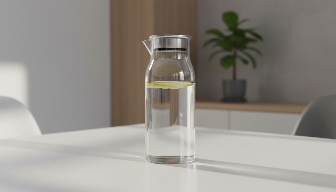 A sleek glass water carafe with a minimalistic stainless steel lid, filled with pure water and thin slices of lemon, sits on a spotless matte white table. The environment is a modern, uncluttered office space, accented by neutral-toned walls and a hint of greenery from a well-placed potted plant in the background. Soft natural daylight flows in from an invisible source, casting subtle shadows and gentle reflections on the carafe's surface. The mood is calm, clean, and professional, evoking clarity and balance. Captured from a slightly elevated, centered angle for sharp focus and balanced composition, the scene features precise lines and photographic realism, reflecting the structured and trustworthy aesthetic of a health and wellness business site.